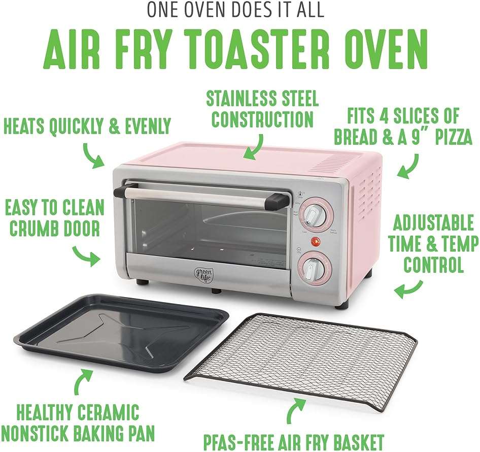 GreenLife Countertop Toaster Oven Air Fryer Stainless Steel, Healthy Ceramic Nonstick, PFAS Free, Tray & Basket, Bake, Broil, Reheat, Adjustable Temp & Time Control, Auto Shutoff, Pink - Image 4