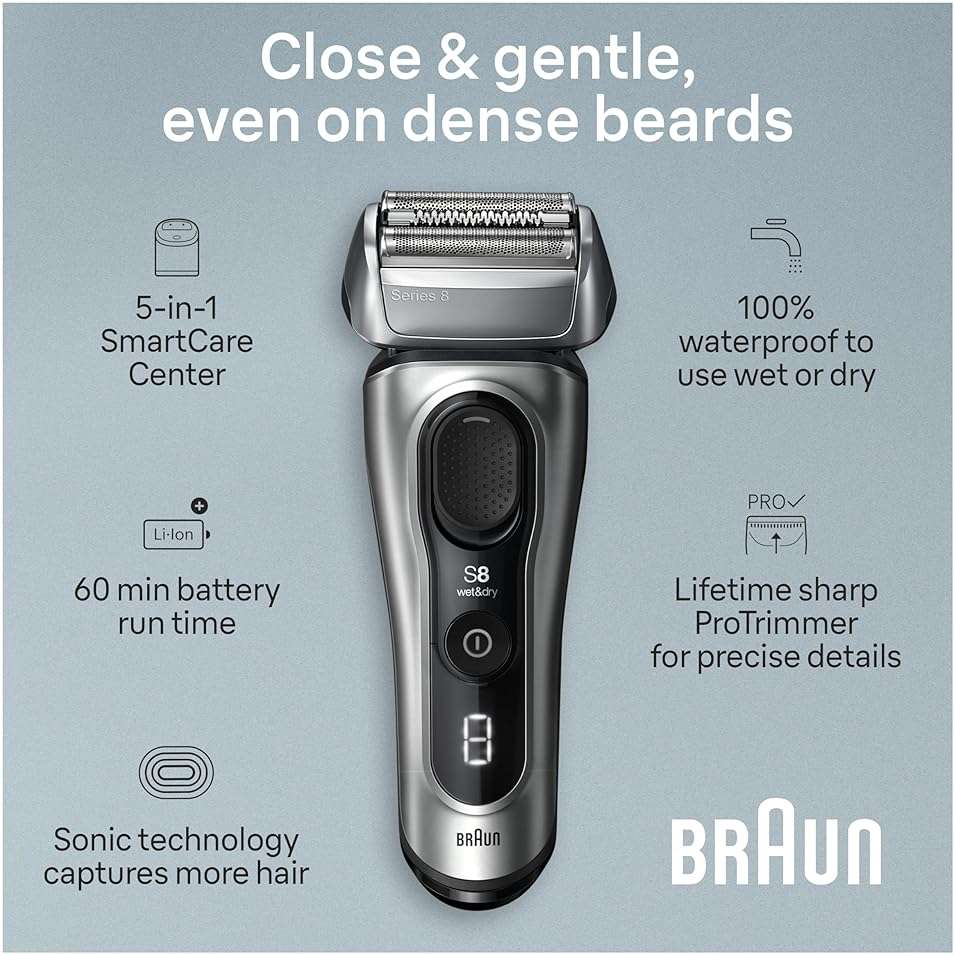 Braun Series 8 8567cc Electric Razor for Men, 4+1 Shaving Elements & Precision Long Hair Trimmer, 5in1 SmartCare Center, Close & Gentle Even on Dense Beards, Wet & Dry Electric Razor, 60min Runtime - Image 3
