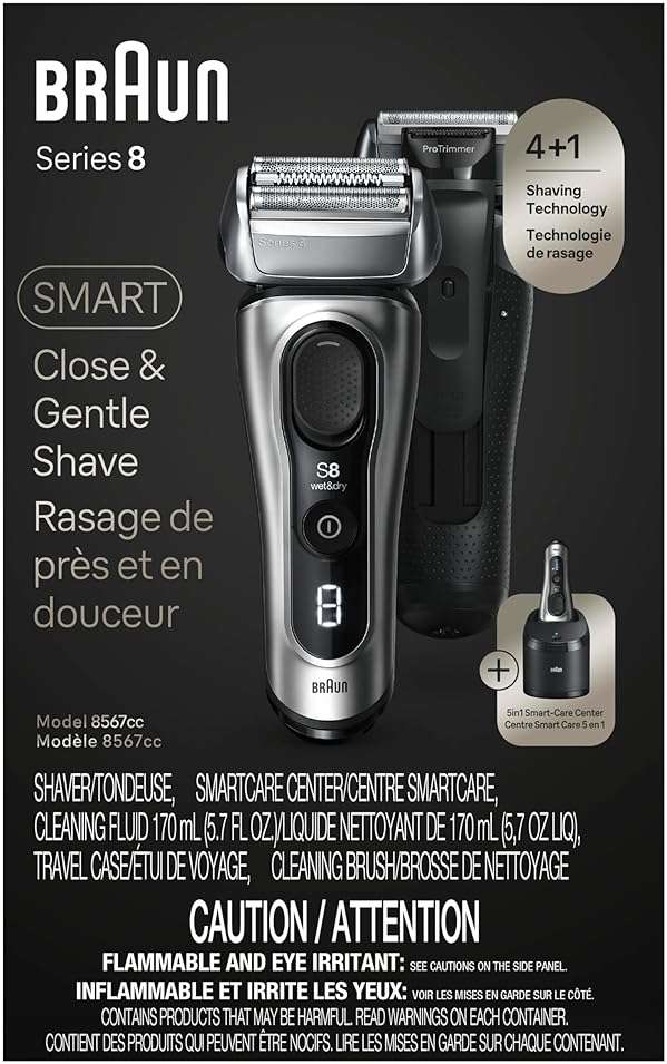 Braun Series 8 8567cc Electric Razor for Men, 4+1 Shaving Elements & Precision Long Hair Trimmer, 5in1 SmartCare Center, Close & Gentle Even on Dense Beards, Wet & Dry Electric Razor, 60min Runtime - Image 8