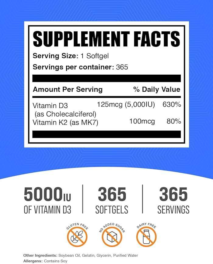 BulkSupplements.com Vitamin D3 + K2 5000 IU Softgels - D3 K2 Supplement, for Immune Health - Gluten Free, 1 Softgel per Serving, 365 Count (Pack of 1) - Image 2