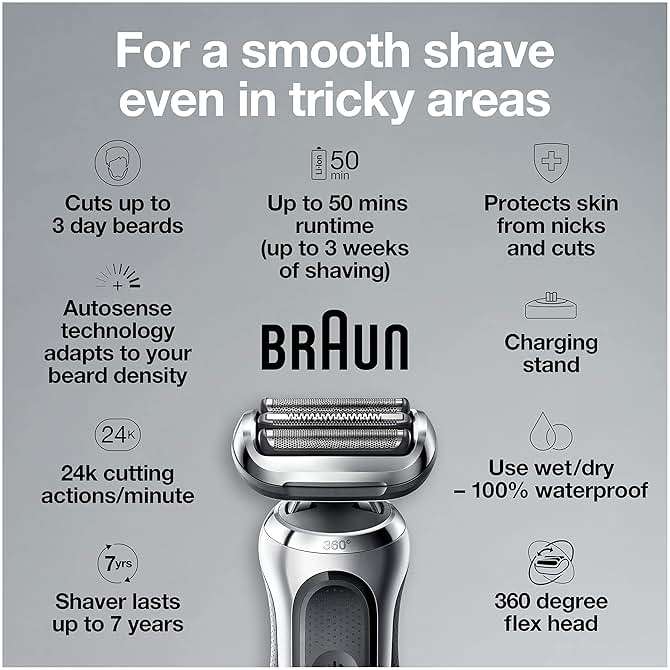 Braun Series 7 7032cs Flex Electric Razor for Men, Wet & Dry, Electric Razor, Rechargeable, Cordless Foil Shaver with Beard Trimmer and Charging Stand, Silver - Image 3
