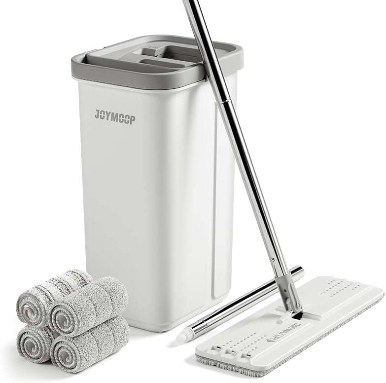 JOYMOOP Flat Mop System, Microfiber Mop and Bucket Set, White, Hands-Free Floor Cleaning System with Wringer, Wet and Dry Use, 60" Handle, Includes 4 Reusable Pads - Image 1