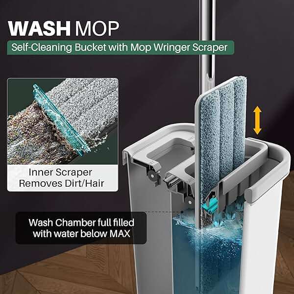 JOYMOOP Flat Mop System, Microfiber Mop and Bucket Set, White, Hands-Free Floor Cleaning System with Wringer, Wet and Dry Use, 60" Handle, Includes 4 Reusable Pads - Image 3