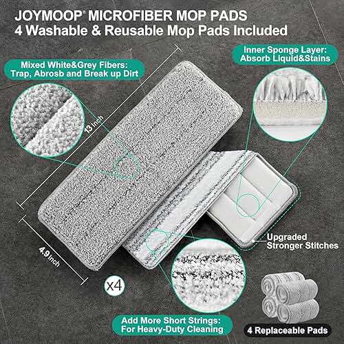 JOYMOOP Flat Mop System, Microfiber Mop and Bucket Set, White, Hands-Free Floor Cleaning System with Wringer, Wet and Dry Use, 60" Handle, Includes 4 Reusable Pads - Image 9