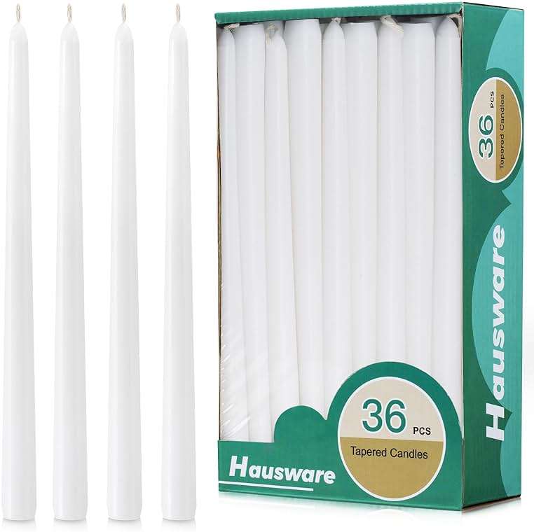 Hausware 36 Pack Taper Candles, 8 Hour Burn Time,Unscented Dripless and Smokeless, 10 inch Elegant Premium Quality Dinner Candle for Home Décor, Restaurant, Wedding, Party Candlesticks (White) - Image 1