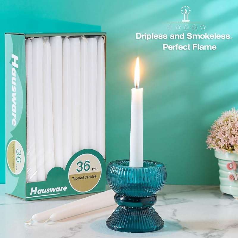 Hausware 36 Pack Taper Candles, 8 Hour Burn Time,Unscented Dripless and Smokeless, 10 inch Elegant Premium Quality Dinner Candle for Home Décor, Restaurant, Wedding, Party Candlesticks (White) - Image 2
