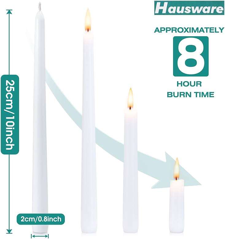 Hausware 36 Pack Taper Candles, 8 Hour Burn Time,Unscented Dripless and Smokeless, 10 inch Elegant Premium Quality Dinner Candle for Home Décor, Restaurant, Wedding, Party Candlesticks (White) - Image 4