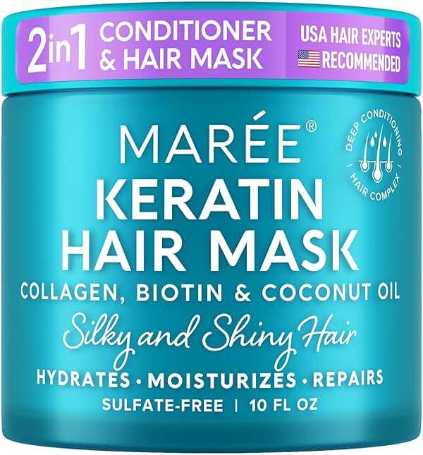 MAREE Deep Conditioning Hair Mask for Damaged Hair Treatment – Keratin Hair Care for Hydrating Growth Repair Moisturizing – Dry Curly Color Refreshing – 10 Fl Oz, White - Image 1