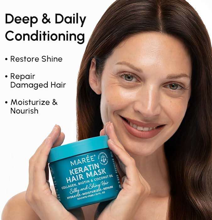 MAREE Deep Conditioning Hair Mask for Damaged Hair Treatment – Keratin Hair Care for Hydrating Growth Repair Moisturizing – Dry Curly Color Refreshing – 10 Fl Oz, White - Image 2