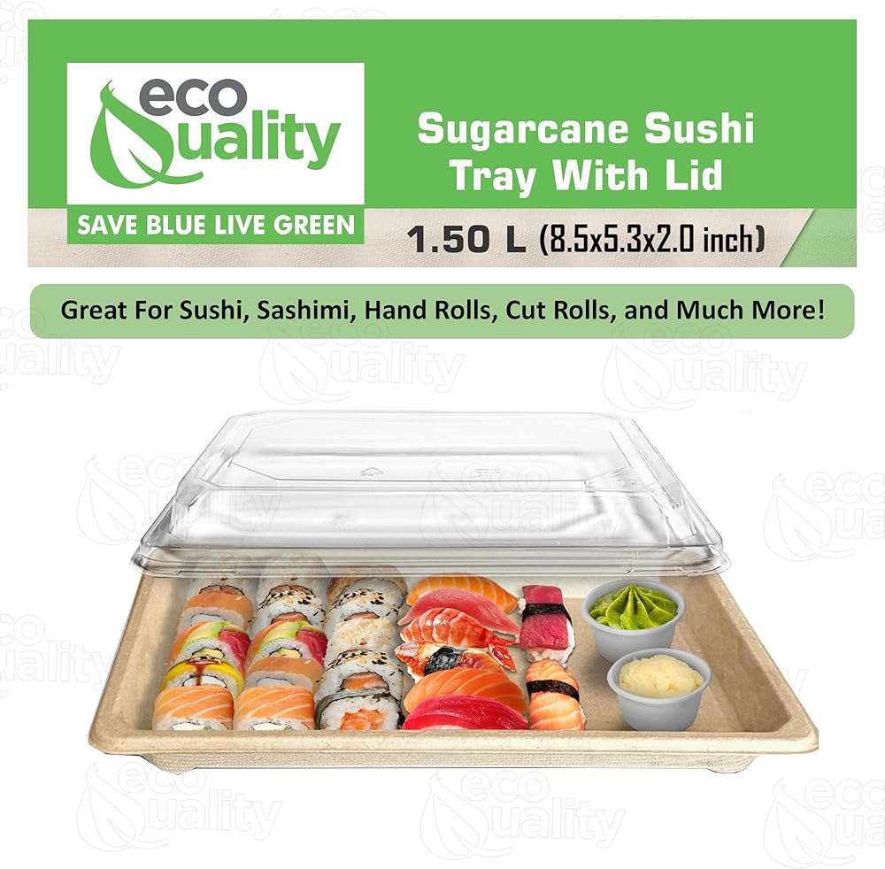 EcoQuality X-Large Compostable Sushi Trays with Lids - Natural Sugarcane Bagasse Take Out Sushi Container - Biodegradable, Disposable Sushi Plate with Lid, Eco Friendly, to go, Serving Tray (25) - Image 5