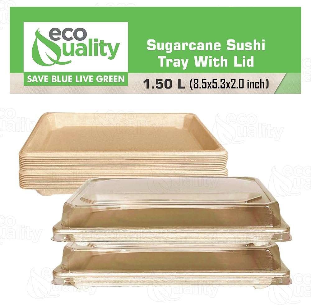 EcoQuality X-Large Compostable Sushi Trays with Lids - Natural Sugarcane Bagasse Take Out Sushi Container - Biodegradable, Disposable Sushi Plate with Lid, Eco Friendly, to go, Serving Tray (25) - Image 6