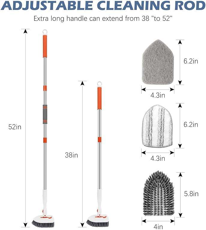 SetSail Tile Tub Scrubber Brush 3-in-1 Shower Scrubber with Long Handle | with 3 Detachable Replacement Brush Head, Multi-Angle Cleaning Locks at 45°, 90°, 180° for Bathroom Kitchen Walls Tub Tile - Image 2