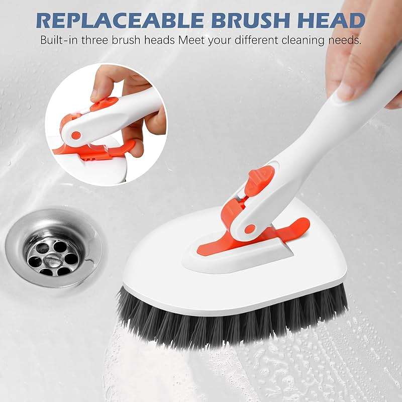 SetSail Tile Tub Scrubber Brush 3-in-1 Shower Scrubber with Long Handle | with 3 Detachable Replacement Brush Head, Multi-Angle Cleaning Locks at 45°, 90°, 180° for Bathroom Kitchen Walls Tub Tile - Image 4