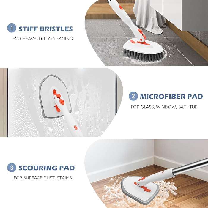 SetSail Tile Tub Scrubber Brush 3-in-1 Shower Scrubber with Long Handle | with 3 Detachable Replacement Brush Head, Multi-Angle Cleaning Locks at 45°, 90°, 180° for Bathroom Kitchen Walls Tub Tile - Image 6