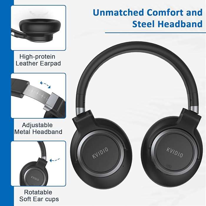 KVIDIO Active Noise Cancelling Headphones, 70 Hours Playtime Bluetooth Headphones Wireless with Microphone, Transparency Mode, Deep Bass and Hi-Fi Stereo Sound Over Ear for Travel Office - Image 6
