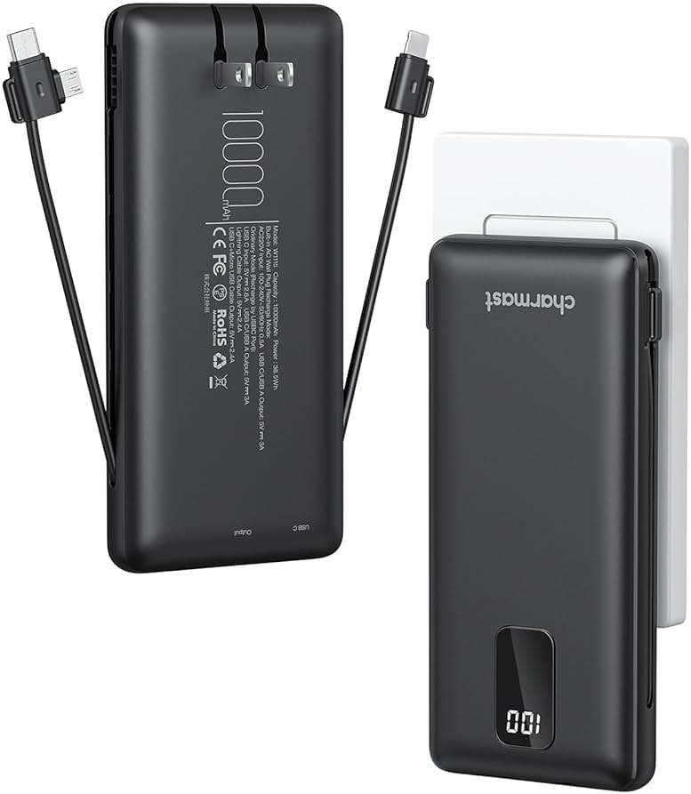 Charmast Portable Charger with Built-in Cables & Wall Plug, 10000mAh Portable Power Bank, External Battery Pack Travel Essentials Compatible with iPhone 16/15/14/13, Samsung, iPad etc - Image 1