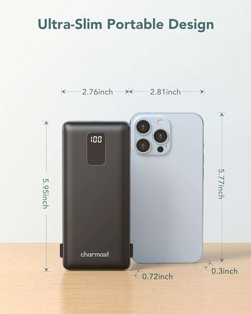 Charmast Portable Charger with Built-in Cables & Wall Plug, 10000mAh Portable Power Bank, External Battery Pack Travel Essentials Compatible with iPhone 16/15/14/13, Samsung, iPad etc - Image 3