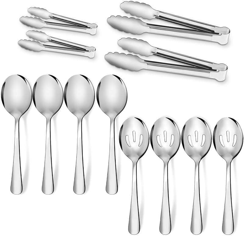 12PCS Stainless Steel Serving Utensils Sets - Large Serving Spoons,Slotted Spoons,Serving Tongs,Appetizer Tongs,Utensills Sets for Buffet Catering Banquet Party (Silver) - Image 1
