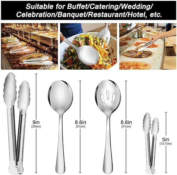 12PCS Stainless Steel Serving Utensils Sets - Large Serving Spoons,Slotted Spoons,Serving Tongs,Appetizer Tongs,Utensills Sets for Buffet Catering Banquet Party (Silver) - Image 3