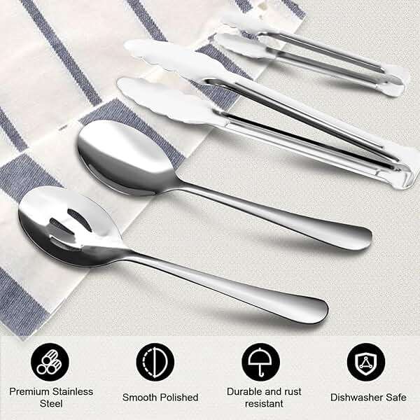 12PCS Stainless Steel Serving Utensils Sets - Large Serving Spoons,Slotted Spoons,Serving Tongs,Appetizer Tongs,Utensills Sets for Buffet Catering Banquet Party (Silver) - Image 4