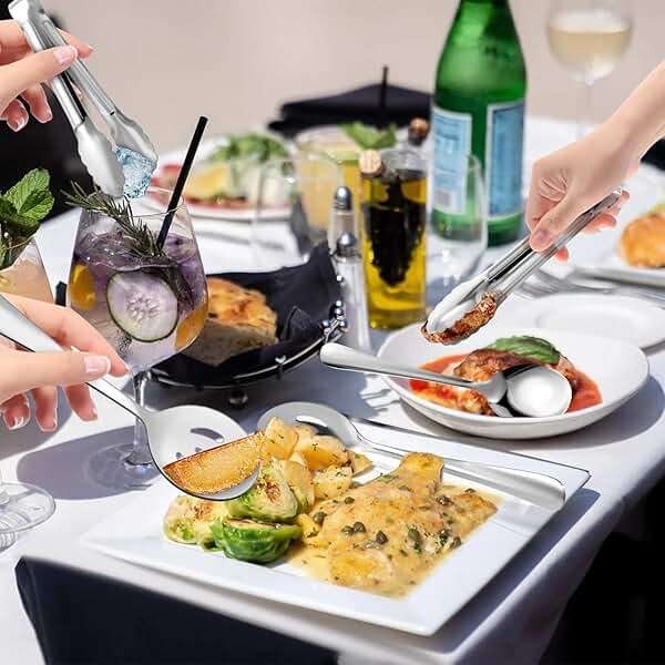 12PCS Stainless Steel Serving Utensils Sets - Large Serving Spoons,Slotted Spoons,Serving Tongs,Appetizer Tongs,Utensills Sets for Buffet Catering Banquet Party (Silver) - Image 6