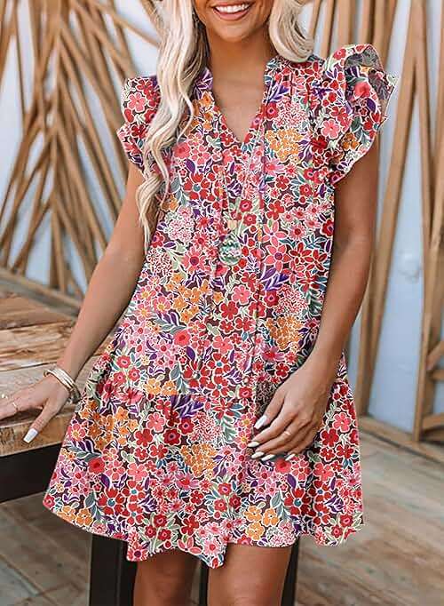 Dokotoo Womens Summer Dresses 2026 V-Neck Drawstring Ruffle Cap Short Sleeve Side Pockets Mini Dress Sundress - Image 4