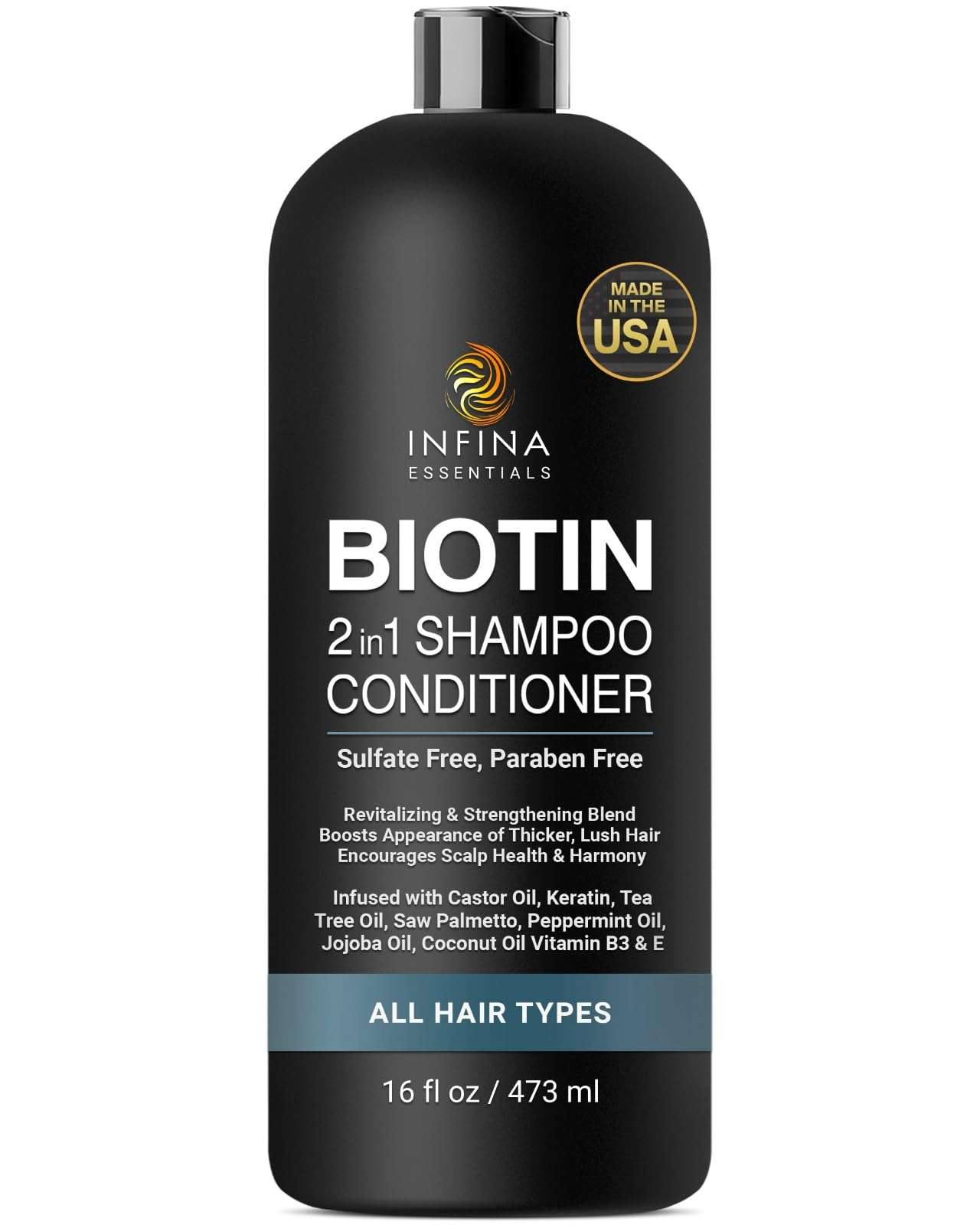 INFINA ESSENTIALS Biotin 2-in-1 Shampoo and Conditioner for Men & Women – Hair Thickening & Strengthening Shampoo with Saw Palmetto, Keratin, Caffeine & Vitamin E – Convenient Daily Use – 16 fl oz - Image 1