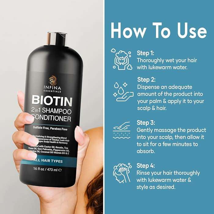 INFINA ESSENTIALS Biotin 2-in-1 Shampoo and Conditioner for Men & Women – Hair Thickening & Strengthening Shampoo with Saw Palmetto, Keratin, Caffeine & Vitamin E – Convenient Daily Use – 16 fl oz - Image 4
