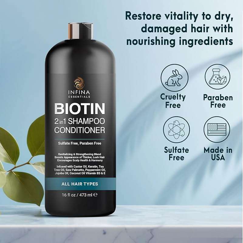 INFINA ESSENTIALS Biotin 2-in-1 Shampoo and Conditioner for Men & Women – Hair Thickening & Strengthening Shampoo with Saw Palmetto, Keratin, Caffeine & Vitamin E – Convenient Daily Use – 16 fl oz - Image 5