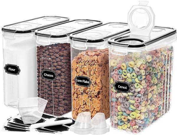 Skroam 4PCS Cereal Containers Storage [4L/135.2 oz], Airtight Food Storage Containers with Pour Spout for Kitchen & Pantry Organization Storage, Plastic Cereal Dispensers, Measuring Cup & 20 Labels - Image 1