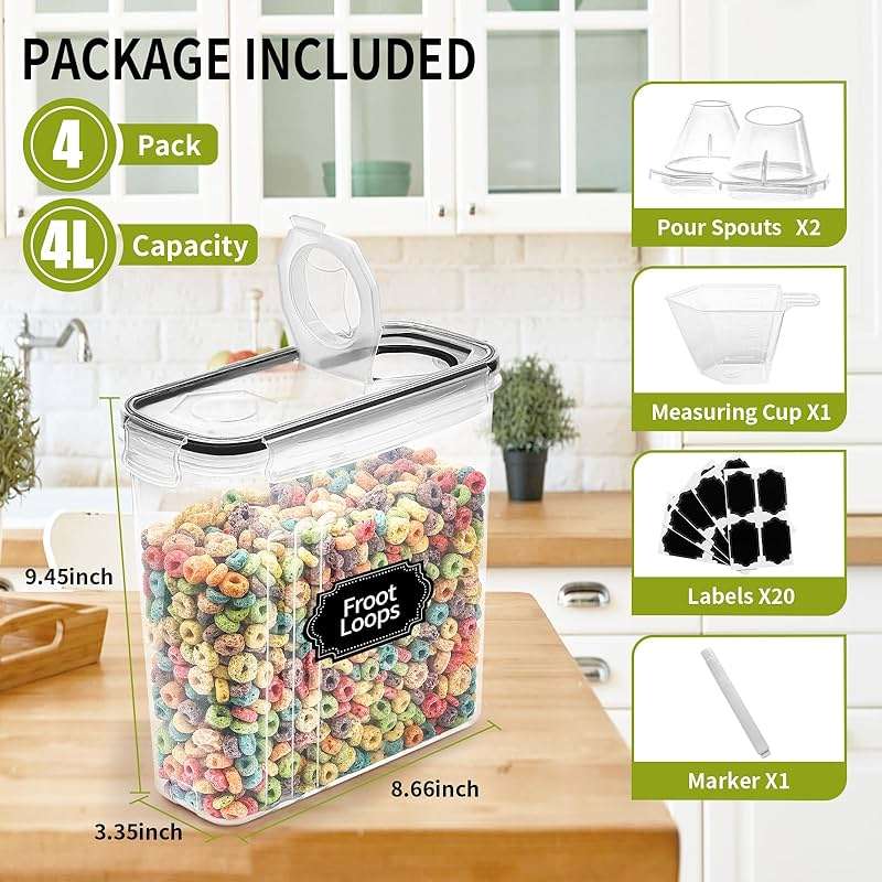 Skroam 4PCS Cereal Containers Storage [4L/135.2 oz], Airtight Food Storage Containers with Pour Spout for Kitchen & Pantry Organization Storage, Plastic Cereal Dispensers, Measuring Cup & 20 Labels - Image 3