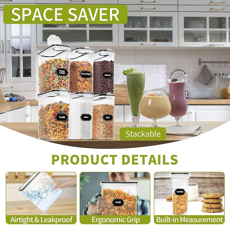 Skroam 4PCS Cereal Containers Storage [4L/135.2 oz], Airtight Food Storage Containers with Pour Spout for Kitchen & Pantry Organization Storage, Plastic Cereal Dispensers, Measuring Cup & 20 Labels - Image 4