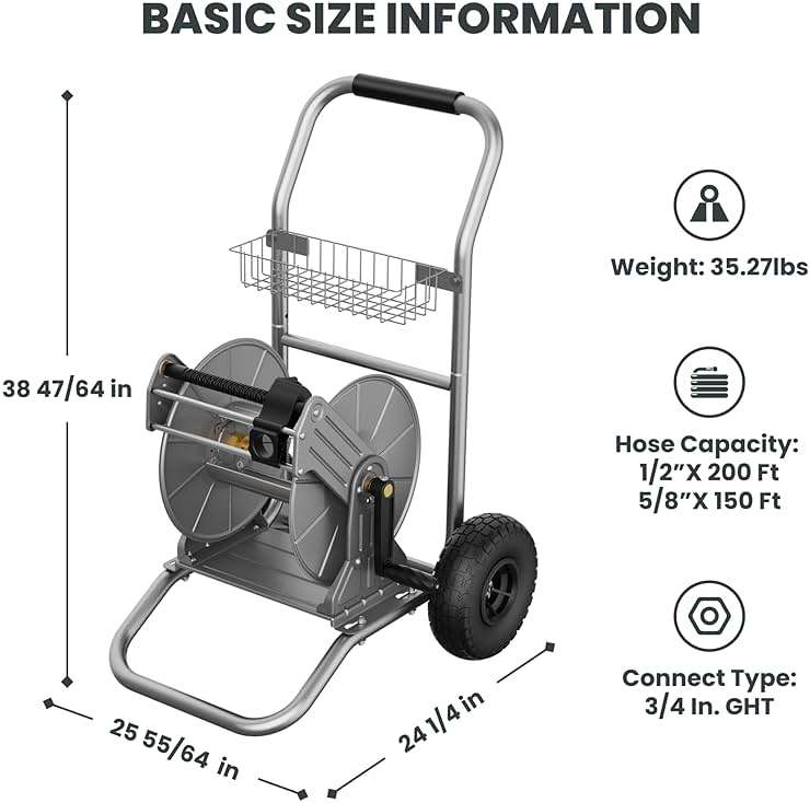 Giraffe Tools Garden Hose Reel Cart with Wheels, Heavy Duty Metal Water Hose Reel Cart, 200 ft of 1/2 Capacity, Mobile Hose Reel Cart for Outside - Image 2