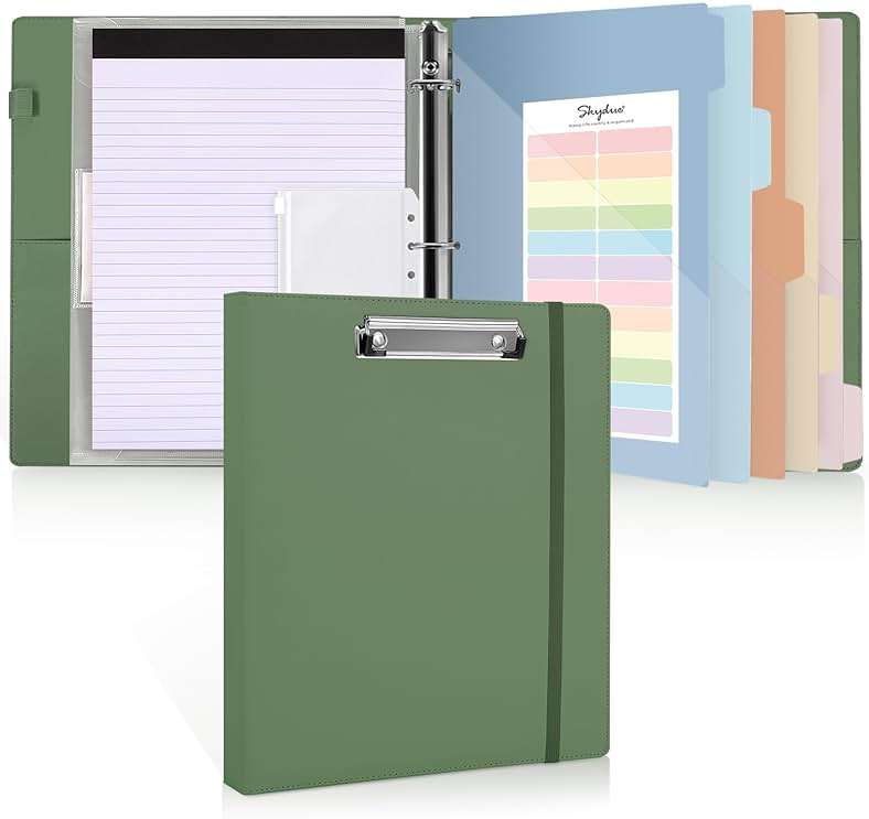 SKYDUE Clipboard Binder with Refillable Notepad, PU Clipboard Folder Includes 5 Dividers with 10 Pockets, Labels, 3 Ring Binder 1 Inch for School Office (Fit Letter Sized Paper),Olivegreen - Image 1