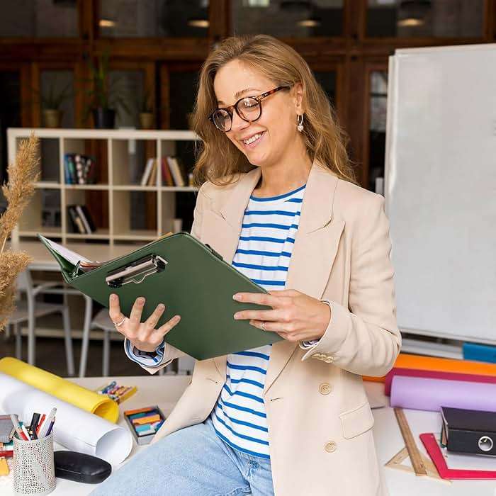 SKYDUE Clipboard Binder with Refillable Notepad, PU Clipboard Folder Includes 5 Dividers with 10 Pockets, Labels, 3 Ring Binder 1 Inch for School Office (Fit Letter Sized Paper),Olivegreen - Image 2