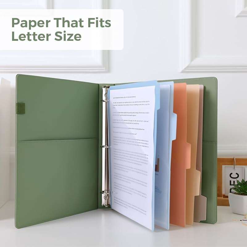 SKYDUE Clipboard Binder with Refillable Notepad, PU Clipboard Folder Includes 5 Dividers with 10 Pockets, Labels, 3 Ring Binder 1 Inch for School Office (Fit Letter Sized Paper),Olivegreen - Image 3