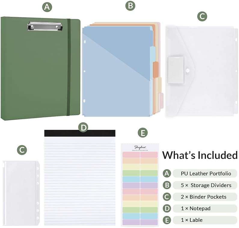 SKYDUE Clipboard Binder with Refillable Notepad, PU Clipboard Folder Includes 5 Dividers with 10 Pockets, Labels, 3 Ring Binder 1 Inch for School Office (Fit Letter Sized Paper),Olivegreen - Image 4