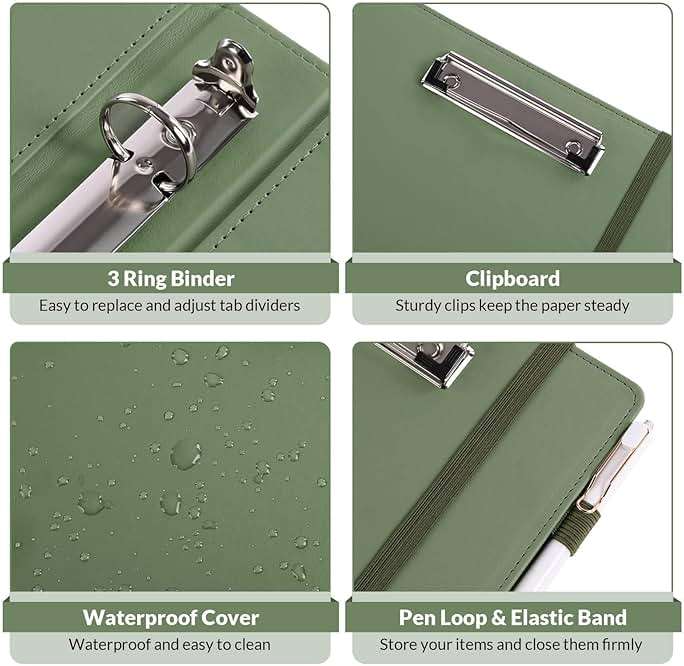 SKYDUE Clipboard Binder with Refillable Notepad, PU Clipboard Folder Includes 5 Dividers with 10 Pockets, Labels, 3 Ring Binder 1 Inch for School Office (Fit Letter Sized Paper),Olivegreen - Image 7