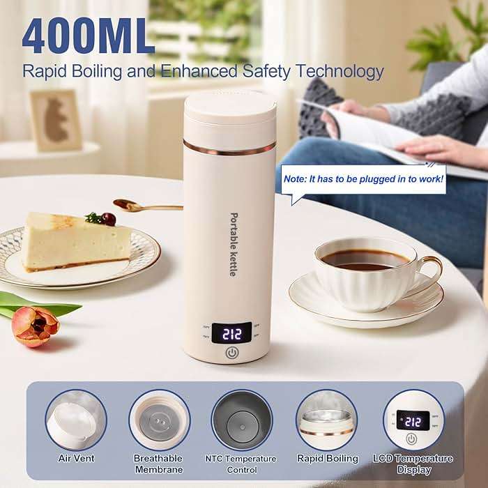 Travel Electric Kettle Portable Mini Kettle,Small Hot Water Boiler with 4 Temperature Settings,304 Stainless Steel,Fast Boiling Water with Auto Shut-Off and Boil Dry Protection,400ml (Beige, 400ML) - Image 3