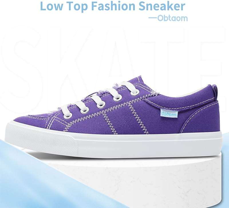 Obtaom Women's White Play Fashion Sneakers Cute Lace up Canvas Shoes Low Top Washed Canvas Flat for Lady - Image 2