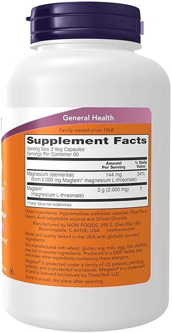 Now Foods Supplements Magtein, Magnesium L-Threonate, Cognitive Support*, 180 Veg Capsules - Image 2