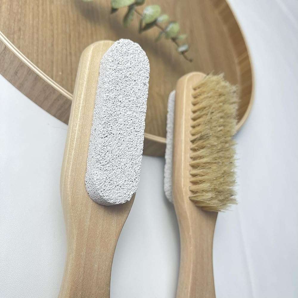High Thyme FARMacy Pumice Stone for Feet with Natural Bristle Nail Brush – Wooden Handle Foot Callus Remover – Dual-Sided Pedicure Tool for Smooth Skin – 7.25 Inch - Image 2