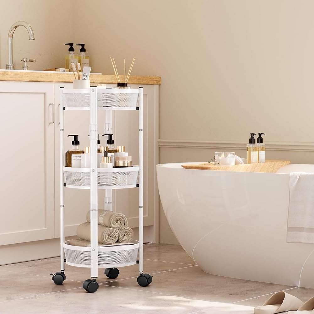 TOOLF 3-Tier Foldable Rolling Cart, Collapsible Metal Utility Cart with Wheels, No Assemble, Multifunction Storage Organizer Trolley for Kitchen, Bathroom, Dorm, Nursery, White - Image 2