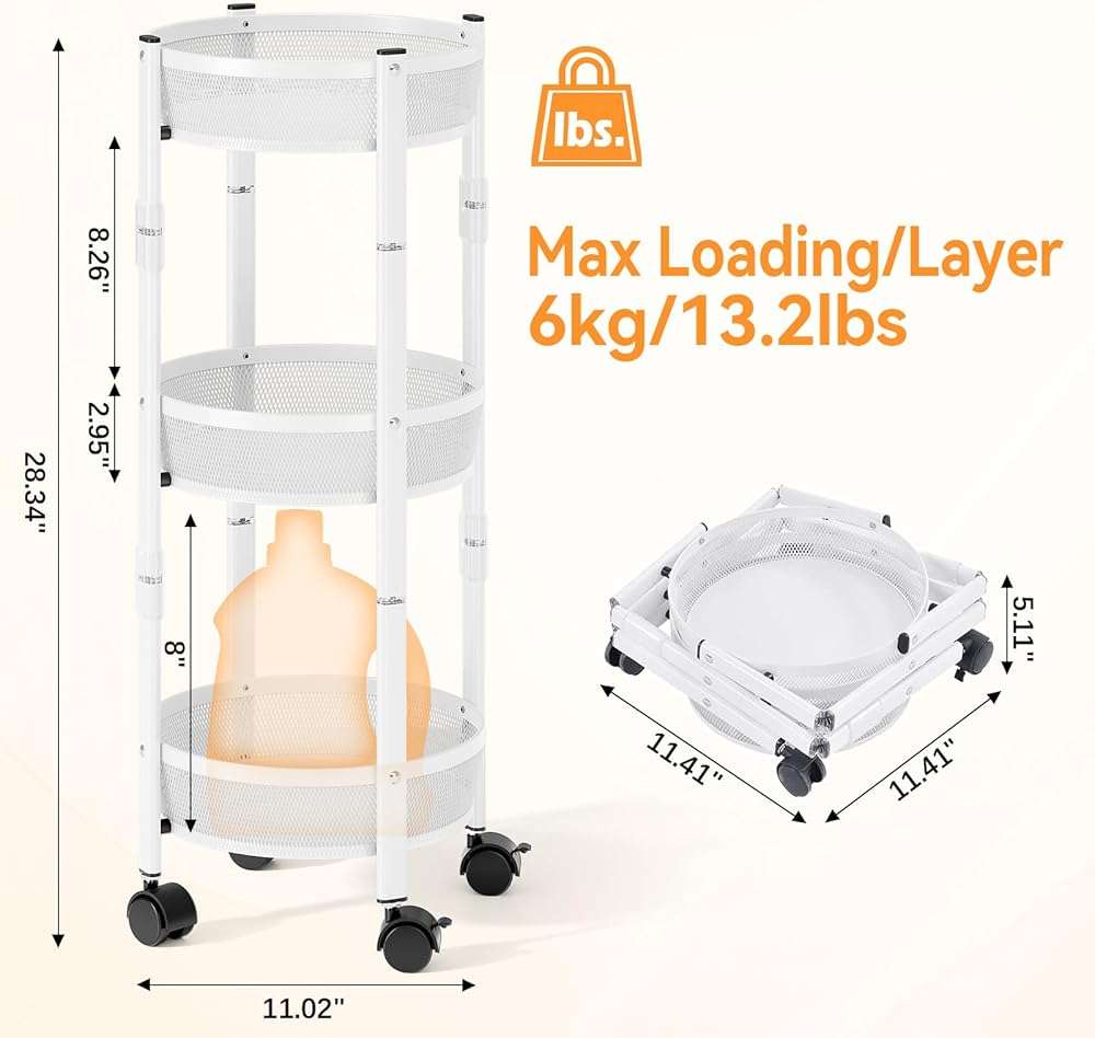 TOOLF 3-Tier Foldable Rolling Cart, Collapsible Metal Utility Cart with Wheels, No Assemble, Multifunction Storage Organizer Trolley for Kitchen, Bathroom, Dorm, Nursery, White - Image 3
