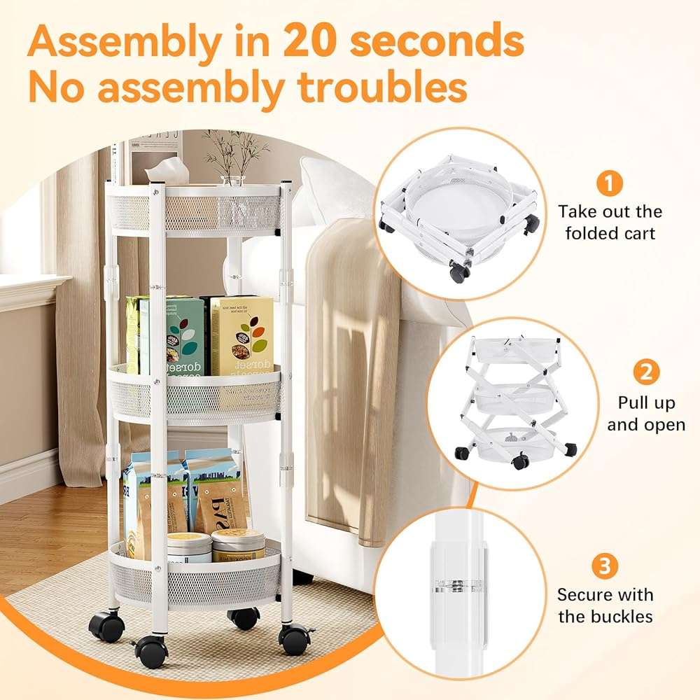 TOOLF 3-Tier Foldable Rolling Cart, Collapsible Metal Utility Cart with Wheels, No Assemble, Multifunction Storage Organizer Trolley for Kitchen, Bathroom, Dorm, Nursery, White - Image 5
