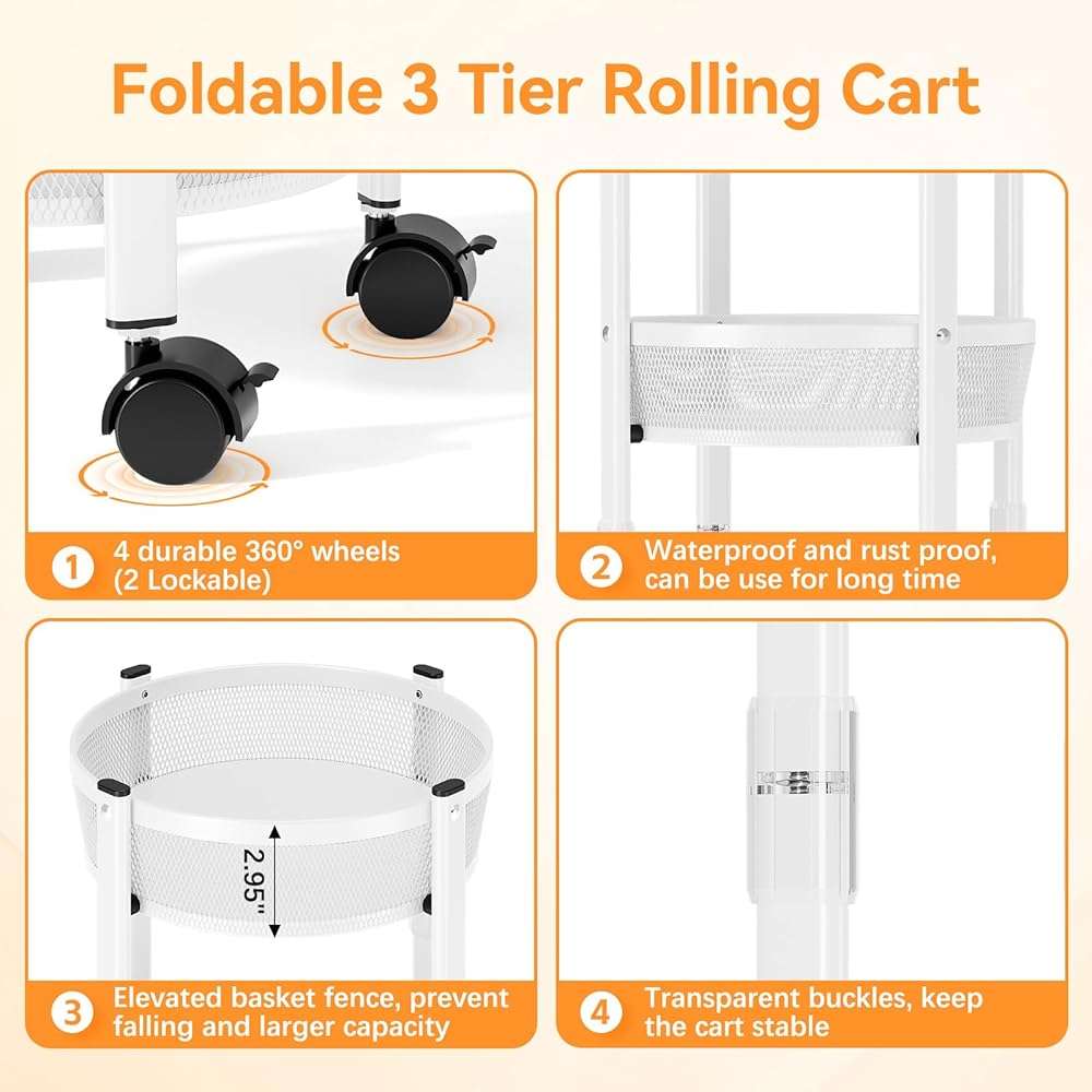 TOOLF 3-Tier Foldable Rolling Cart, Collapsible Metal Utility Cart with Wheels, No Assemble, Multifunction Storage Organizer Trolley for Kitchen, Bathroom, Dorm, Nursery, White - Image 6