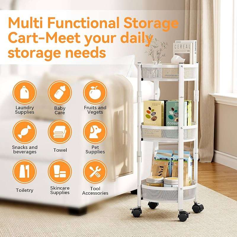 TOOLF 3-Tier Foldable Rolling Cart, Collapsible Metal Utility Cart with Wheels, No Assemble, Multifunction Storage Organizer Trolley for Kitchen, Bathroom, Dorm, Nursery, White - Image 7