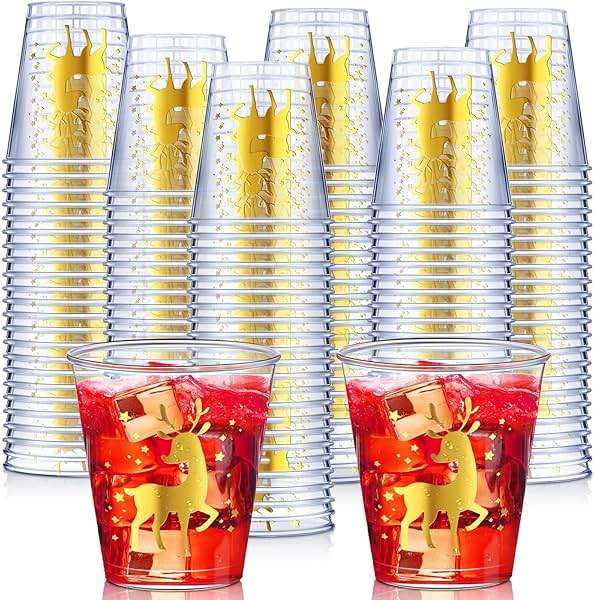 Umigy 100 Pcs Christmas Shot Glasses Disposable Shot Plastic Clear Small Cups for Party Bulk 2 Oz Cups Plastic Tumbler for Birthday Party Wine Food Snack Tasting Drinking Serving(Gold, Reindeer) - Image 1