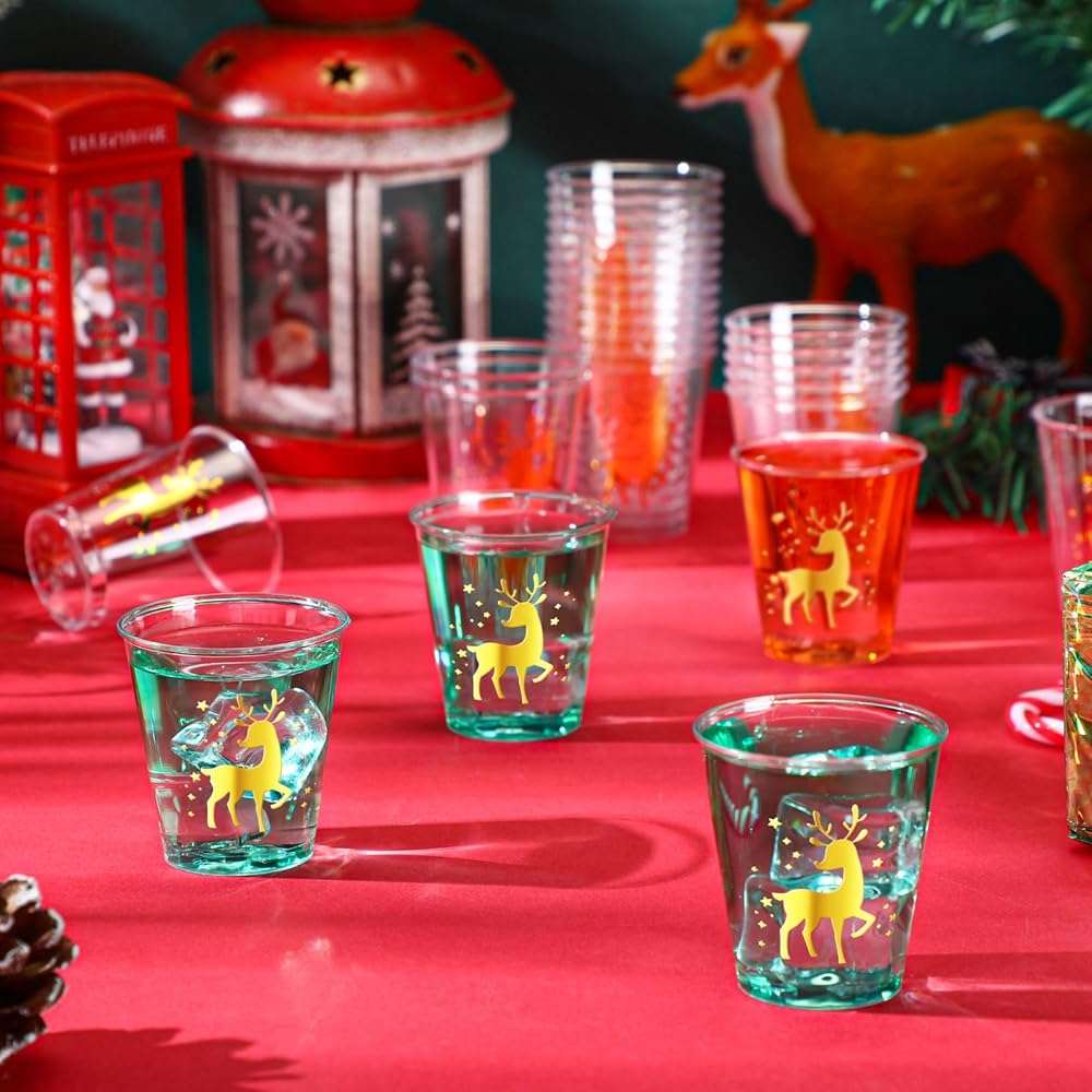 Umigy 100 Pcs Christmas Shot Glasses Disposable Shot Plastic Clear Small Cups for Party Bulk 2 Oz Cups Plastic Tumbler for Birthday Party Wine Food Snack Tasting Drinking Serving(Gold, Reindeer) - Image 2