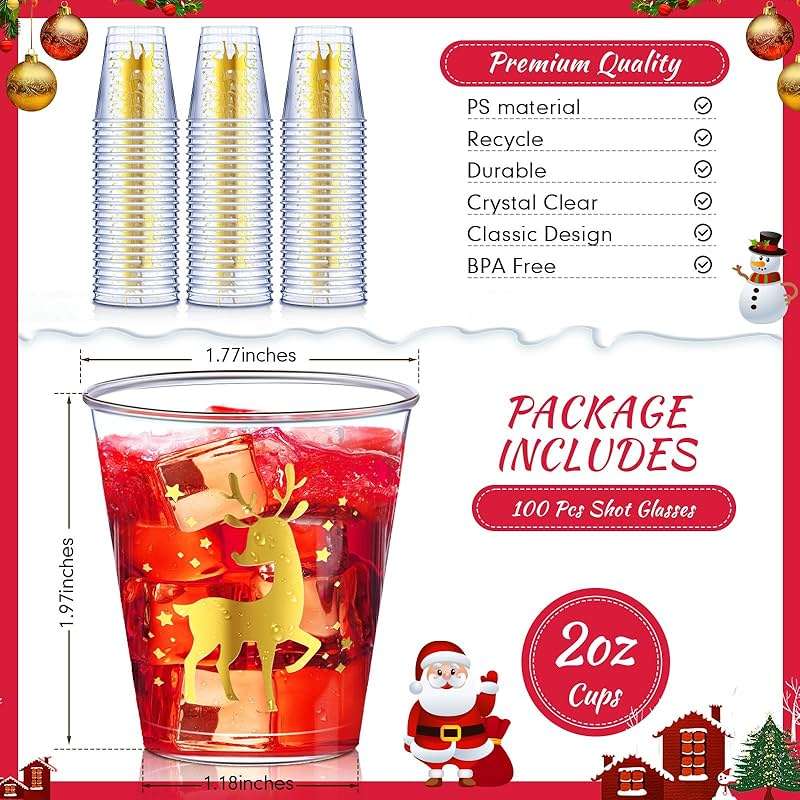 Umigy 100 Pcs Christmas Shot Glasses Disposable Shot Plastic Clear Small Cups for Party Bulk 2 Oz Cups Plastic Tumbler for Birthday Party Wine Food Snack Tasting Drinking Serving(Gold, Reindeer) - Image 3